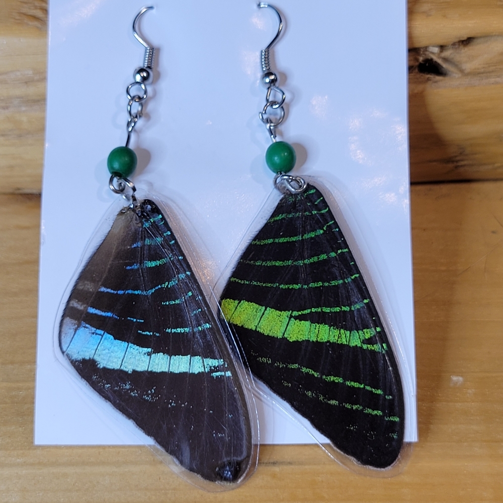 Real Brilliant NWT Laminated Butterfly Wing Earrings Green & Black Pierced